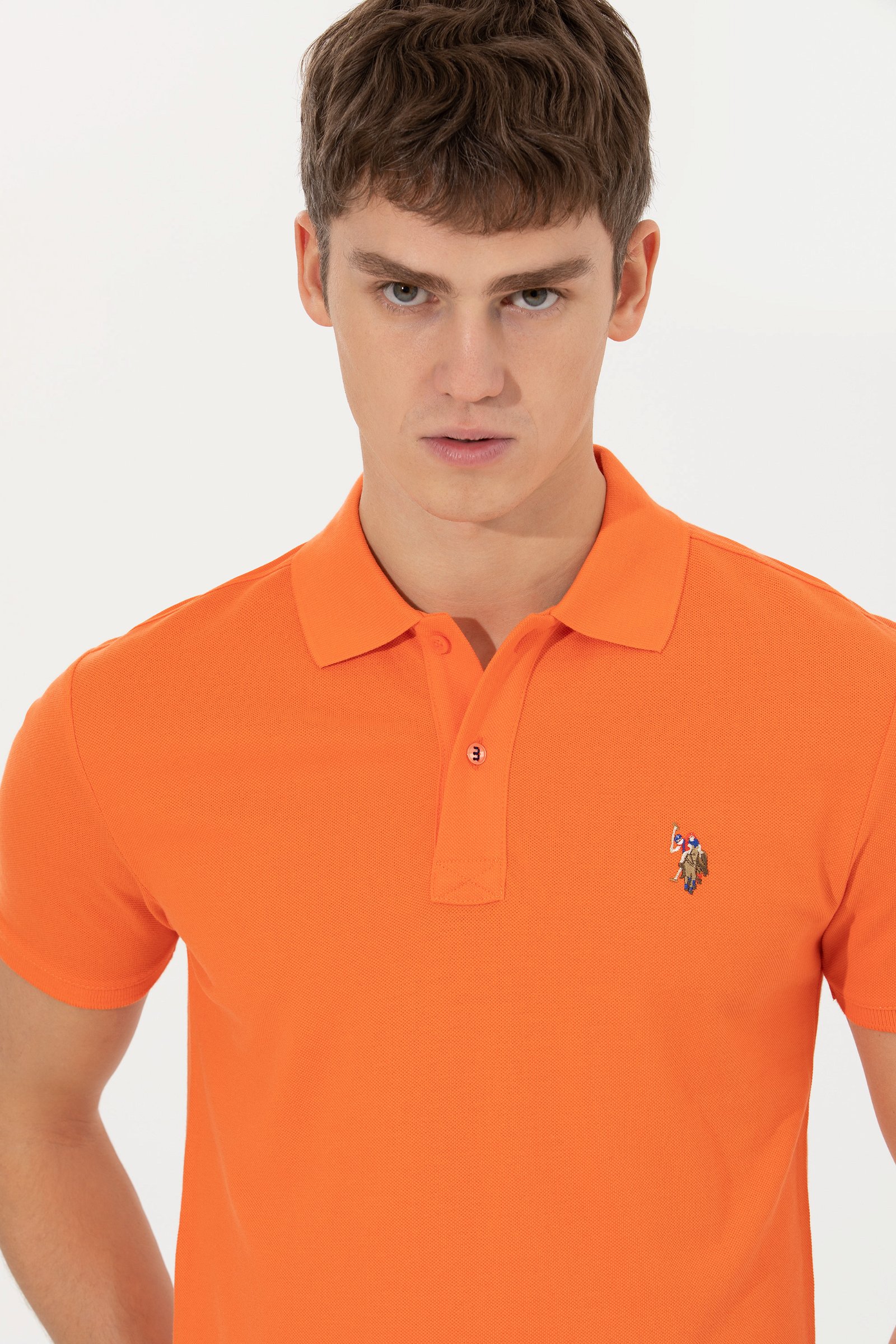 تی شرت یقه پولو نارنجی  اندامی آستین کوتاه مردانه یو اس پولو