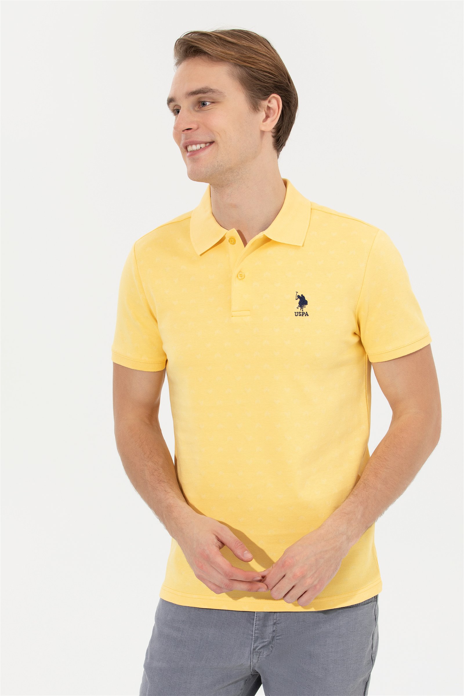 تی شرت یقه پولو زرد روشن  اندامی آستین کوتاه مردانه یو اس پولو