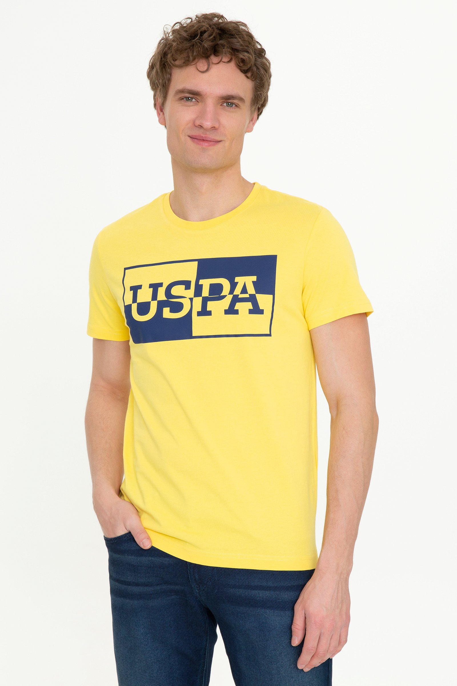 تی شرت یقه گرد زرد روشن  اندامی آستین کوتاه مردانه یو اس پولو | US POLO ASSN