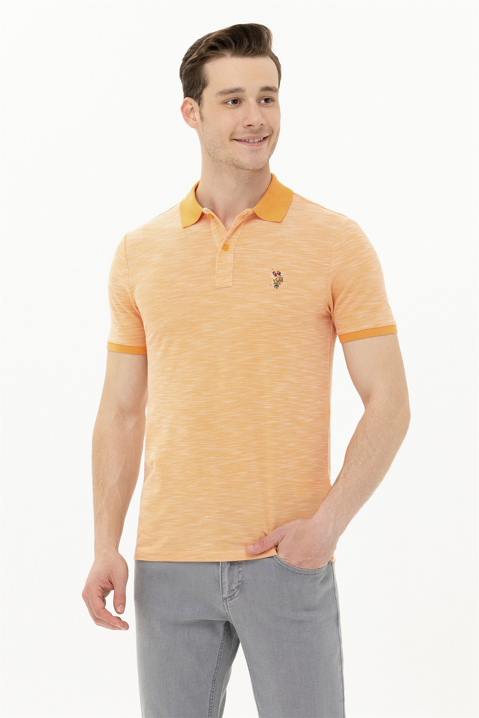 تی شرت یقه پولو نارنجی  اندامی آستین کوتاه مردانه یو اس پولو | US POLO ASSN