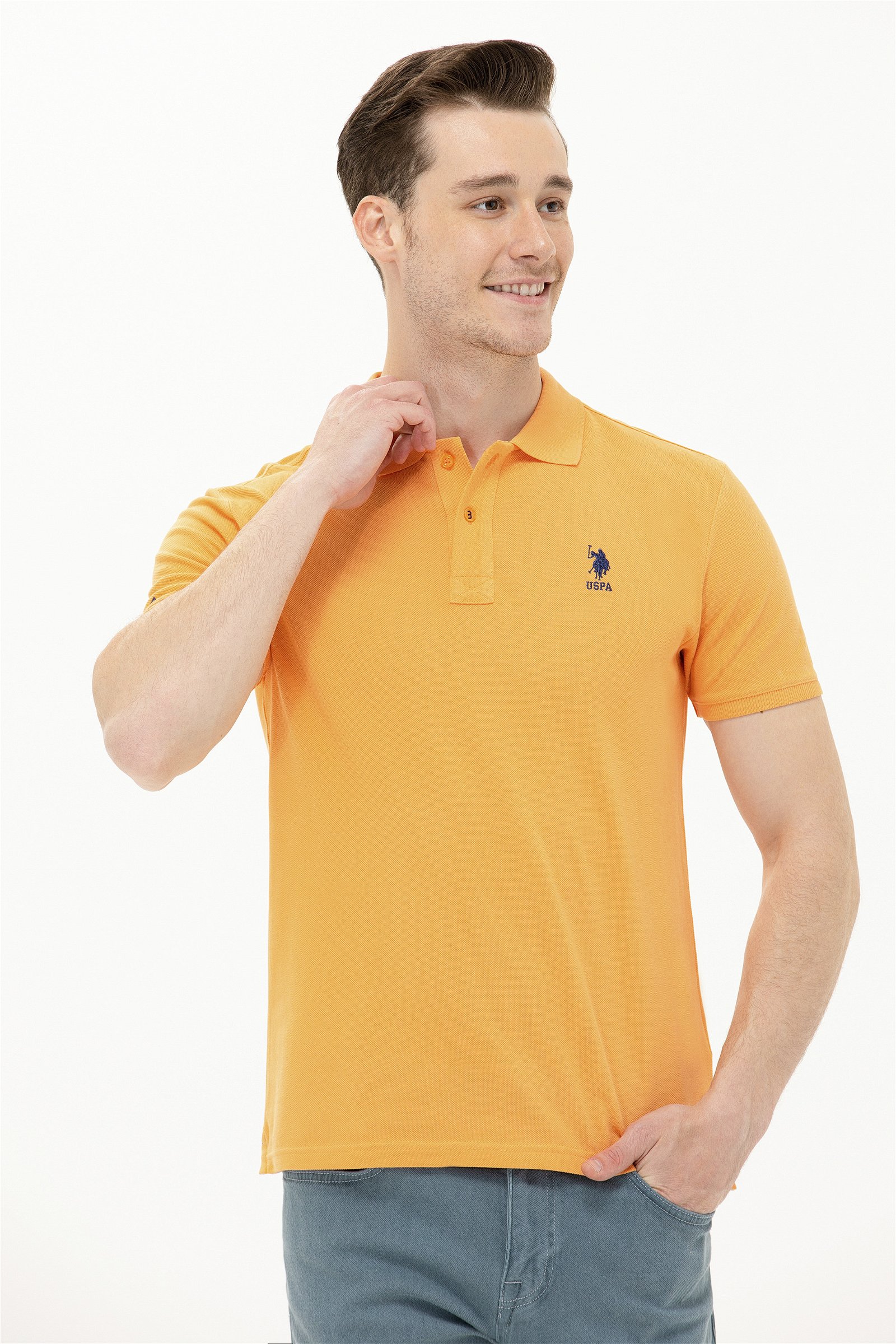 تی شرت یقه پولو نارنجی  اندامی آستین کوتاه مردانه یو اس پولو | US POLO ASSN