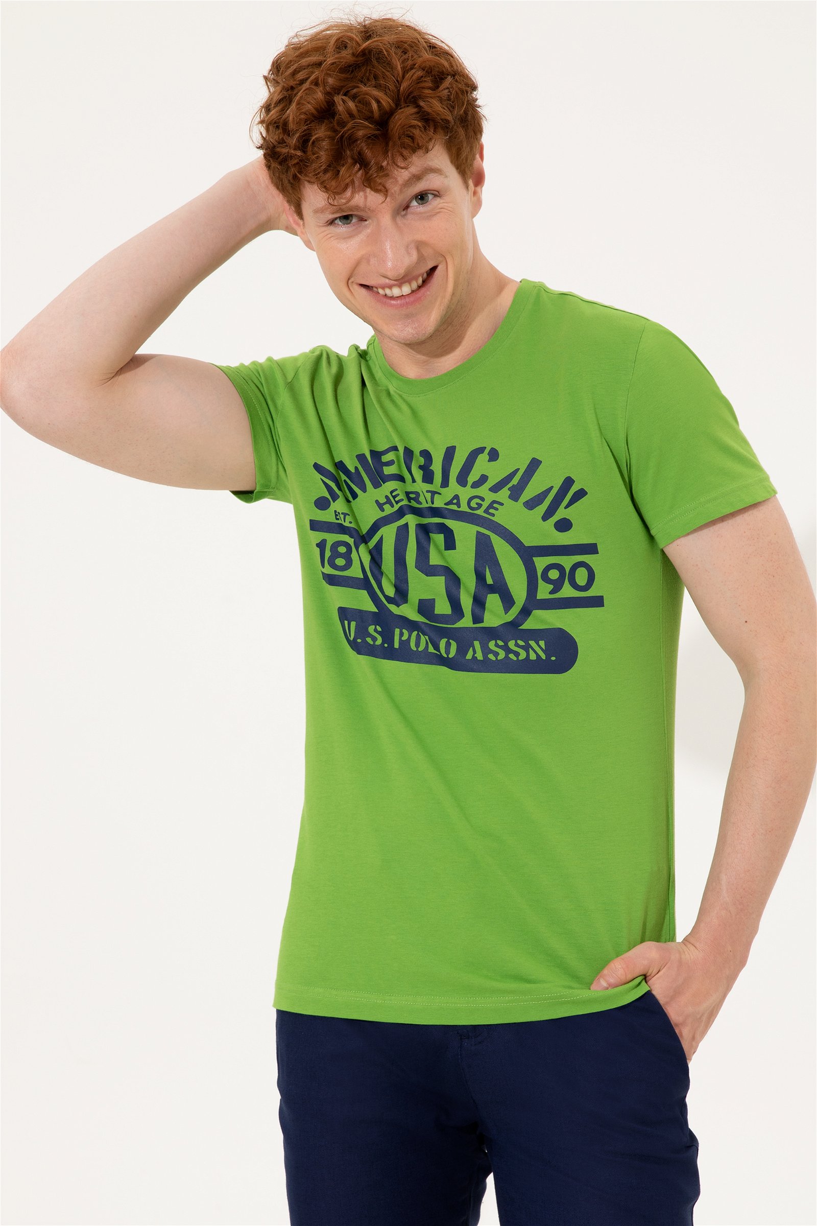 تی شرت یقه گرد سبز  اندامی آستین کوتاه مردانه یو اس پولو | US POLO ASSN