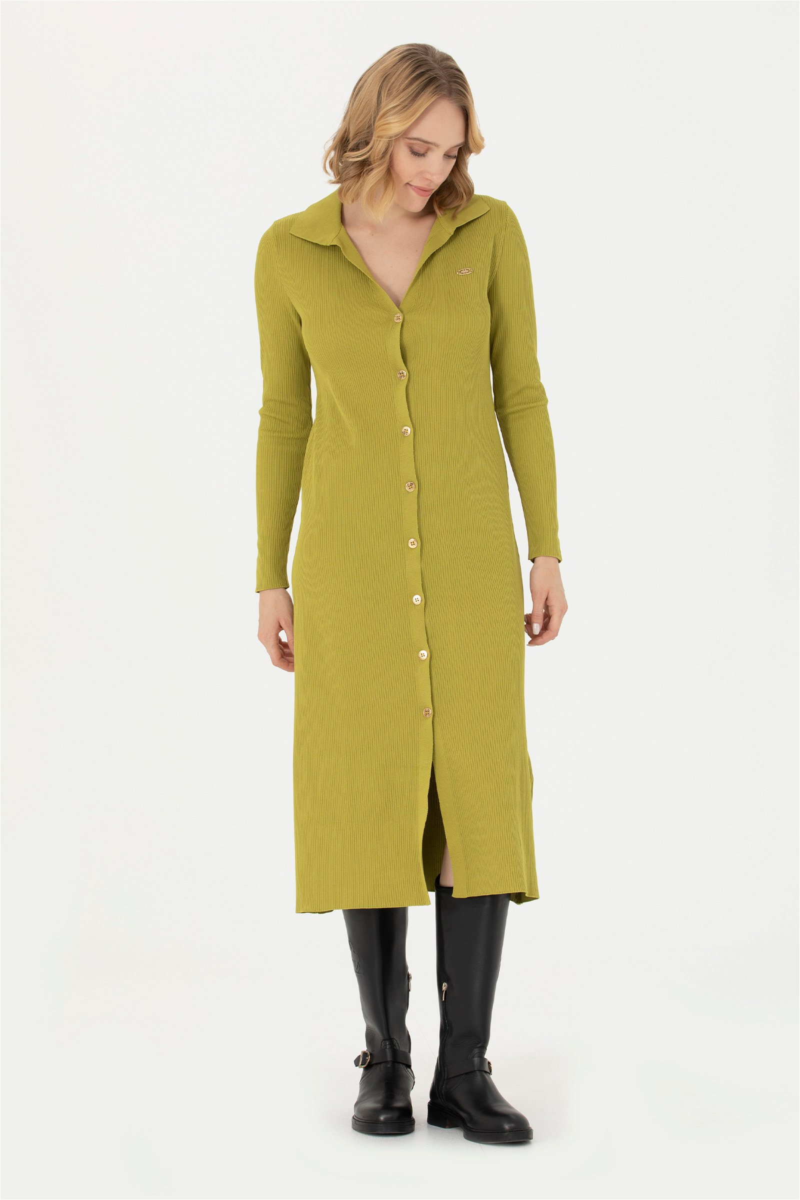 لباس تریکو یقه هفت سبز پسته ای  A-Form Fit آستین بلند زنانه یو اس پولو | US POLO ASSN
